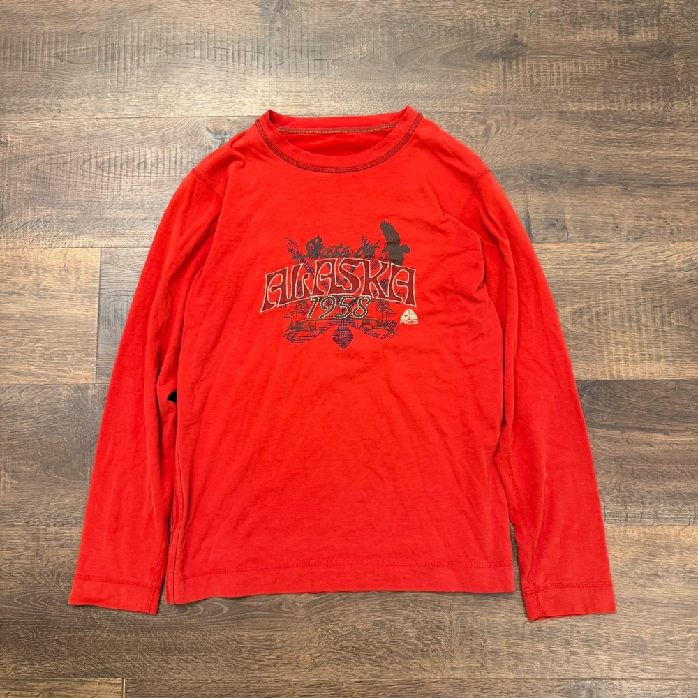 Vintage Nike ACG Alaska 1958 Embroidered Long Sleeve Shirt Red Small Y2K